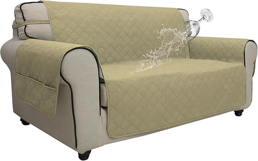 Easy-Going Waterproof Oversized Loveseat Covers Leakproof Couch Cover for 2 Cushion Couch Sofa Cover Washable Sofa Slipcover Non-Slip Furniture Protector with Pocket for Pets (Medium-XL, Sand)