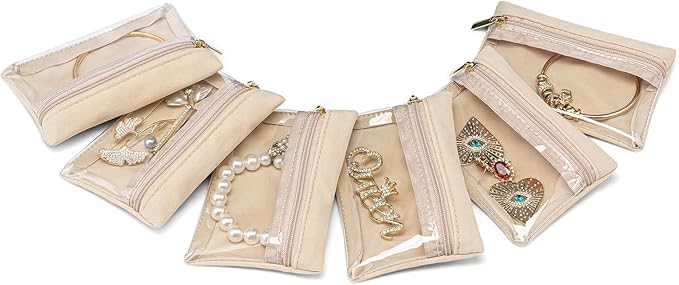 Vlando Jewelry Travel Case,Travel Jewelry Organizer with Clear Velvet Jewelry Bags Zipper Pouch for Women Girl Gift 6Pcs