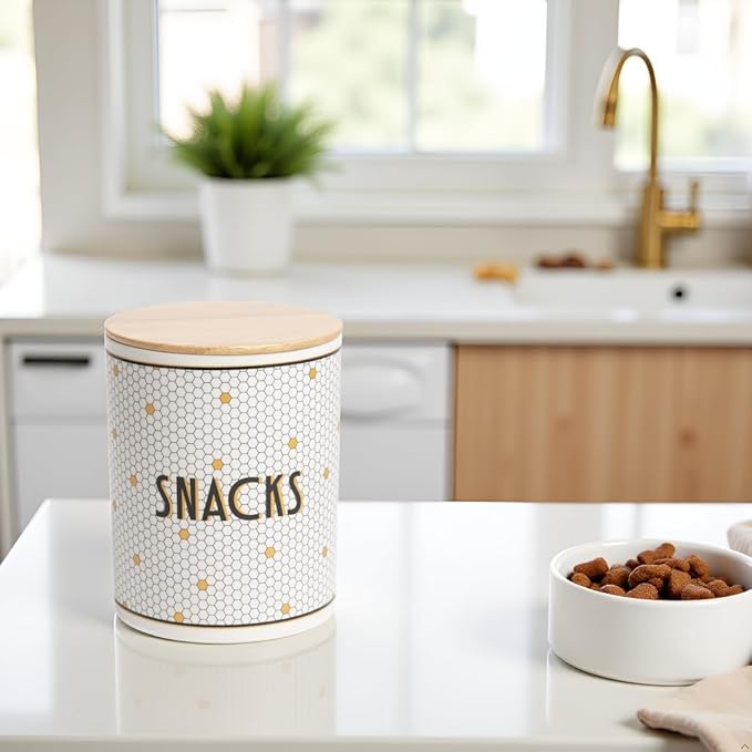 Pearhead Ceramic Dog Treat Jar with Wooden Lid – Bistro Tile Dog Biscuit Container for Countertop, Airtight Stoneware Pet Treat Storage Canister for Puppy Treats & Training Rewards