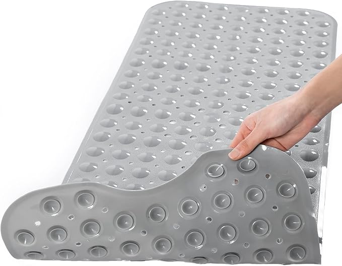 Bathtub Mats for Shower Tub, Extra Long Non-Slip 39 x 16 Inch Bath Mat with Drain Holes and Suction Cups, BathMat for Bathroom with Machine Washable (Opaque Gray)