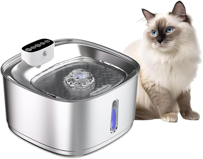 Wireless Cat Water Fountain Stainless Steel, 108oz/3.2L Cat Fountain Battery Operated, Cordless Pet Water Fountain for Cats & Dogs with Motion Sensor, Ultra Quiet Pump, Multi-Filtration