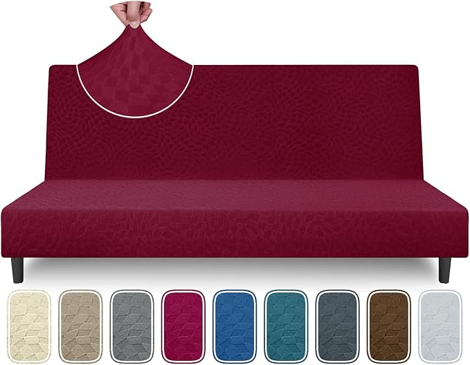 ZNSAYOTX Fashion Futon Cover (67"-82") Stretch Fit Armless Sofa Bed Slipcover, Universal Foldable Sofa Mattress Protector Full Queen Size, Irregular Plaid Texture Jacquard Futon Protector (Wine Red)