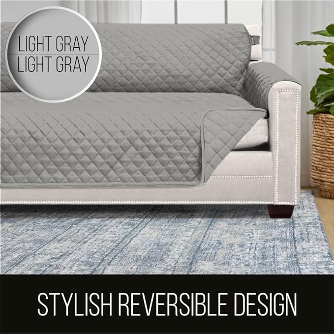 Sofa Shield Couch Slip Cover with Patented Strap, Cushion Protector, US Designed Reversible Stain and Dog Tear Resistant Slipcover, 88 inch Seat, Washable Covers for Dogs Pets, Light Gray