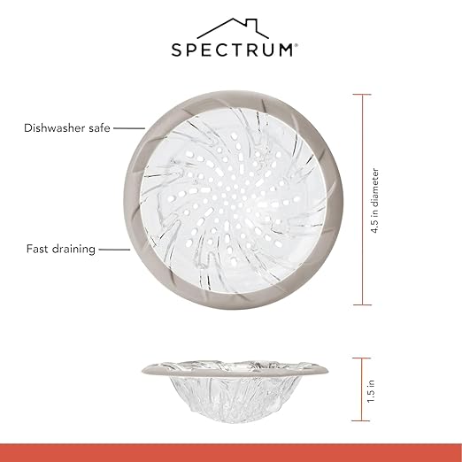 Spectrum Cora Kitchen Sink Drain Strainer for Food Debris Waste, Plastic Spiral Sink Drain Stopper Cover Catcher Filter Food Hair Prevents Clogging in Sinks Showers Baths 4.5 Inch, Warm Gray & Clear