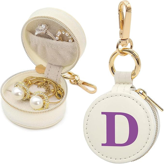 Mini Initial Travel Jewelry Case Ring Holder, Beige Faux Leather Small Jewelry Organizer Box Gifts for Women Girls Nurse Teacher, Gym Travel Accessories Keychain Pouch for Earrings Rings Necklace D