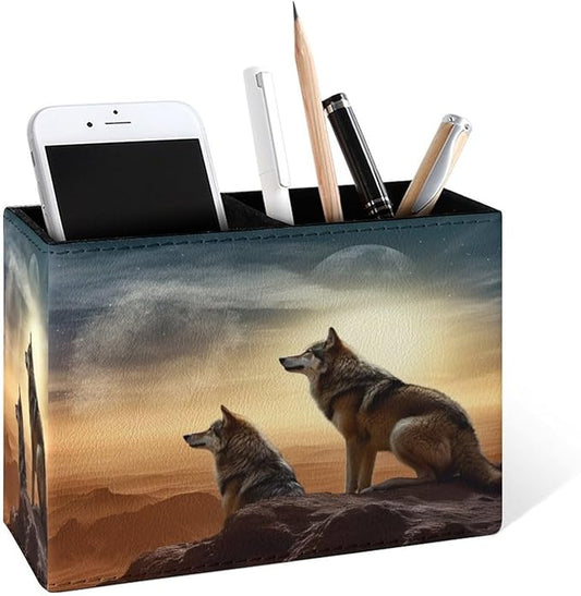 Famame Wolf Desert Pencil Holder for Desk, Leather Desktop Container Pen Cup Storage Study Table Pen Organizer Makeup Brush Holder for Classroom Office Home
