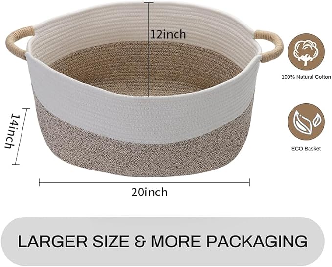 Large Cotton Rope Storage Basket with Handles, Hamper, Laundry Basket, 20 "L x 14" W x 12 "H, Home Decor to Storage Blanket &Toy, etc .(White & Brown)