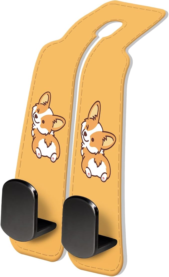 PU Leather Car Seat Hook, Storage Headrest Hanger, Cute Car Backseat Organizer, Car Hooks For Purses and Bags Corgi Dog Orange
