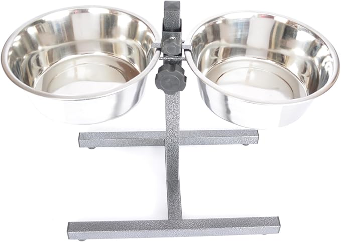 Iconic Pet Adjustable H-Design Double Diner - Non-Skid Rubber Base Noise Free Stable Dog Food Stand with 2 Quart/ 64 oz Stainless Steel Elevated Dog Food Bowls for Proper Growth & Digestion