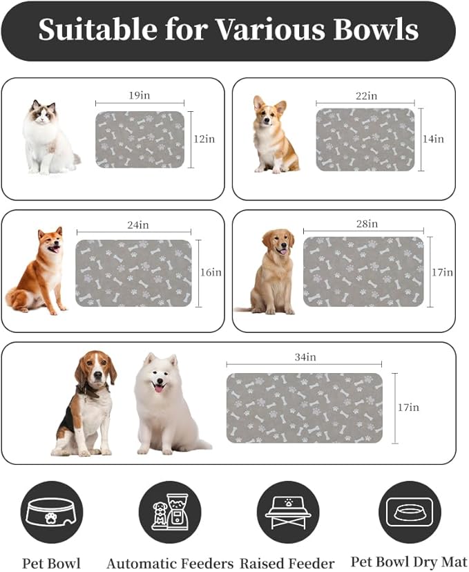 MontVoo Dog Food Mat-Pet Feeding Mat for Food and Water-No Stains Quick Dry Dispenser Cat Bowl Mat for Messy Drinkers(23"X34" Grey)