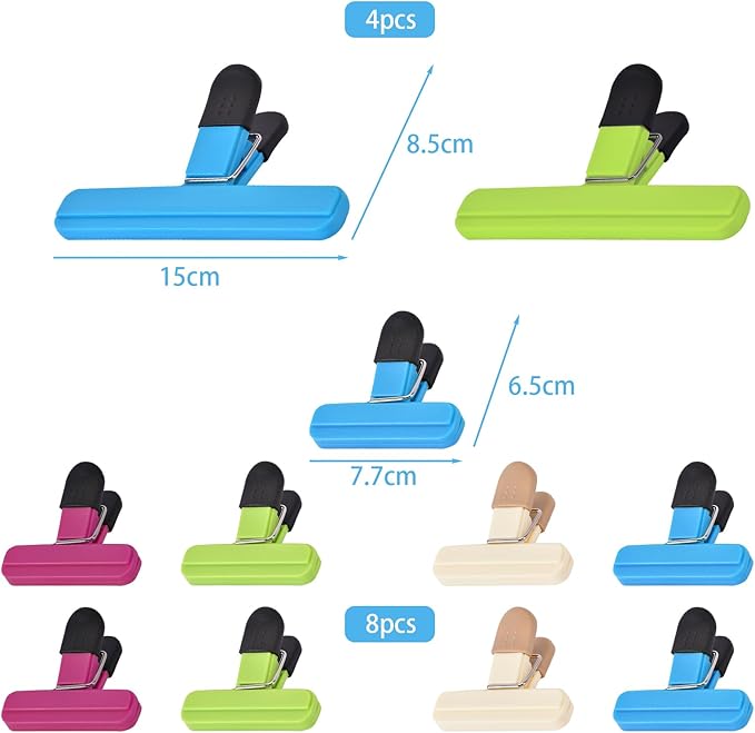 12 PCS Chip Clips Bag Clips Food Clips for Bags Sealing Clip Large Size Food Bag Clips for Food Storage Kitchen and Home（6.1in x4，3.07in x8）