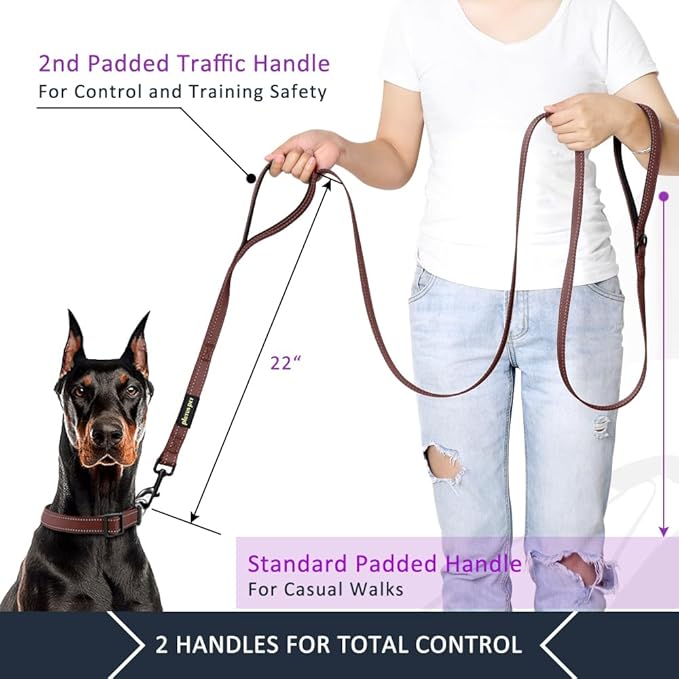 Plutus Pet Double Handle Dog Leash 5ft, Heavy Duty, Reflective Dual Handle Dog Leash for Safety Training, for Medium Large Dogs,2 Handle Leads, Chocolate