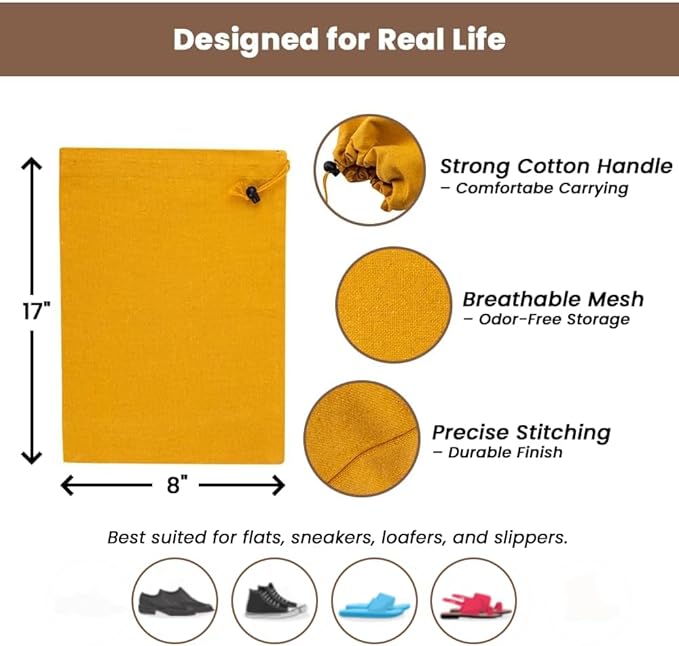 LFH Cotton Rich Shoe Storage Bags with Drawstring, Dustproof Breathable Reusable Organizer, Perfect For Travel, Dorm, Hotel, College, Gym, Easy to Carry, Machine Washable 8"x17" (Pack of 4) - Golden