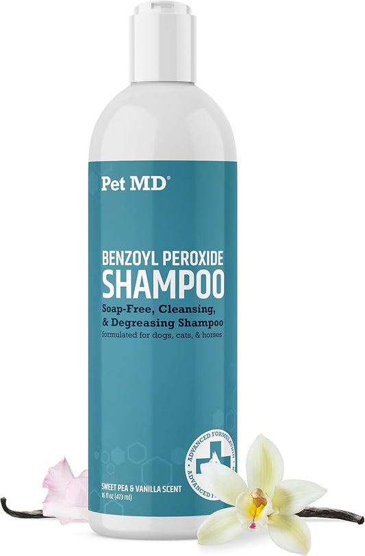 Pet MD Benzoyl Peroxide Shampoo for Dogs & Cats - Helps Remove Dead Skin, Unclog Pores, and Manage Mange - Seborrhea and Degreasing Shampoo for Pet Skin Maintenance - Sweet Pea Vanilla Scent (16oz)