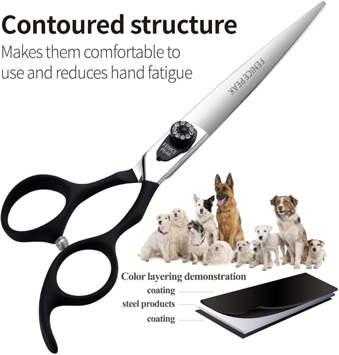 Fenice Peak 7.5'' Dog Straight Scissors For Grooming Pet Hair Cutting Shears 440C Stainless Steel Black Non-Slip Handle Sharp Blades Professional Pet Trimming Scissors for Cats
