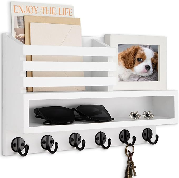 Lucundm Key and Mail Holder Wall Mount, Key Hanger with Long Storage Box and Key Hooks for Coat, Dog Leash, Home Decor Rack, House Accessories, Entry Way Organizer