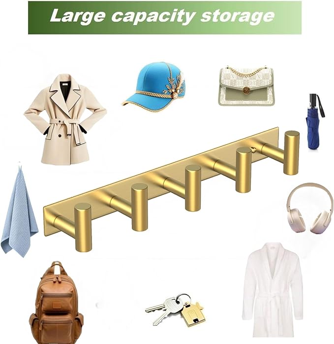 VINHOLD Wall Mounted Coat Rack-5 Hooks, Heavy Duty Stainless Steel Wall Hooks for Towel Coat Bag, Hat Rack Coat Hanger Coat Hooks Towel Racks for Bathroom Entryway Kitchen Hotel Office (Gold, 1 Pack)