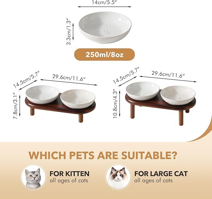 Elevated Ceramic Paw Print Cat Dish, Wide Whisker Friendly Anti-Slip Food & Water Bowl with 2 Heights Adjustable Acacia Wooden Stand for Cats (2 Dishes +Stand, White)