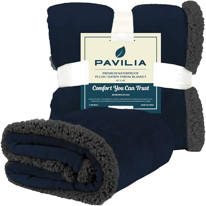 PAVILIA Waterproof Blanket for Couch, Sofa | Pet Protector for Large Dog, Puppy, Cat | Plush Soft Warm Fuzzy Sherpa Throw, Navy, 60x80
