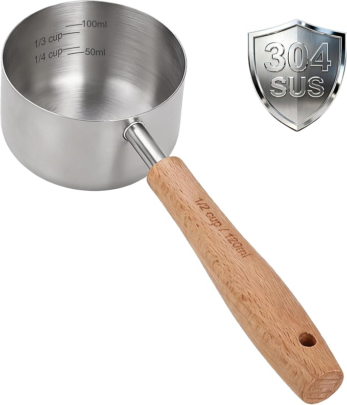TREMENDRY 1PCS 1/2Cup(120ml | 4oz) Dog Cat Food Scoop, 18/8(304) Stainless Steel Measuring Cup with Wooden Handle, Etched Measurements Inside, BPA Free Portion Control for Pets & Kitchen Use