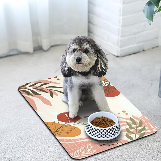 Dog Food Mats for Floors Waterproof, Pet Water Bowl Mats Pet Feeding Absorbent Placemats Bohemia Tropical Leaves 17 * 30 inch