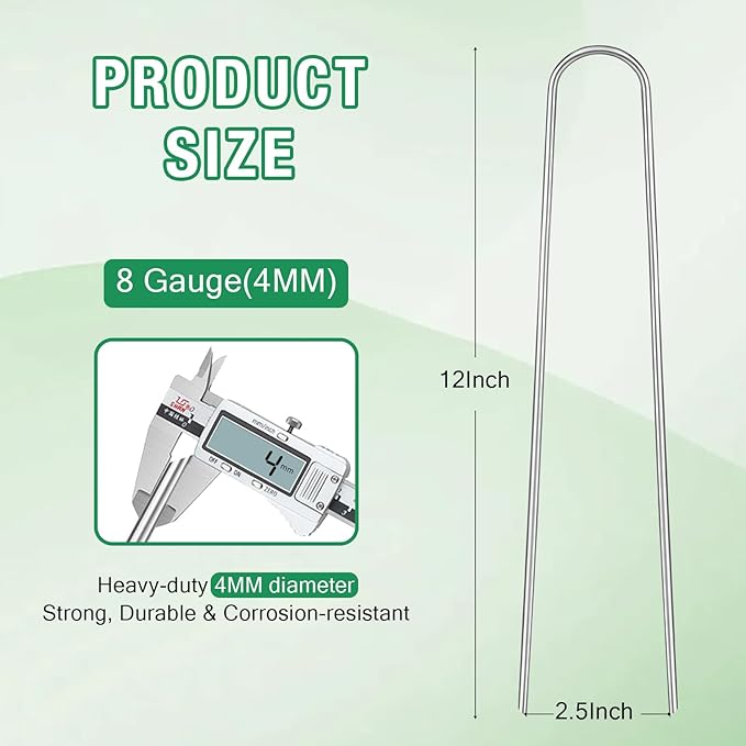 8 Gauge Landscape Staples, FUIJOL 12 Inch Heavy Duty U-Shaped Landscape Stakes, 50 Pack Galvanized Garden Staples for Weed Barrier Stakes, Ground Cover, Irrigation Tubing, Fence (50)