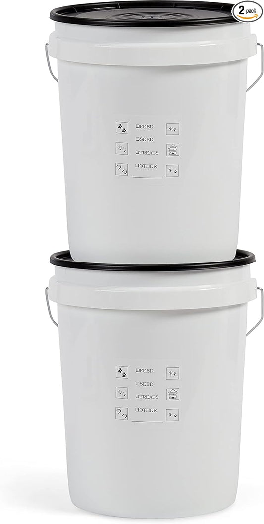 United Solutions Airtight Pet Food Storage Container, 5 Gallon Capacity, Great for Dog Food, Cat Food, Bird Seed, Dry Food Storage, White Container with Black Lid, 2-Pack