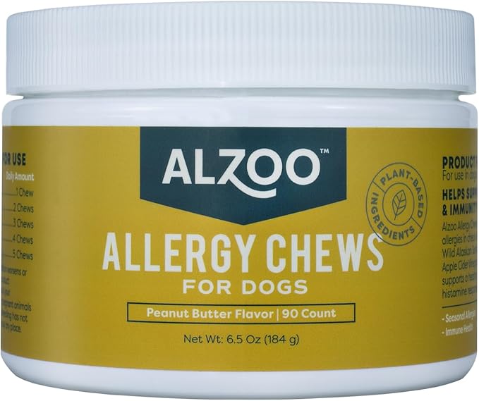 ALZOO Allergy Chews for Dogs, 100% Plant-Based Active Ingredients, Peanut Butter Flavor, 90 Count