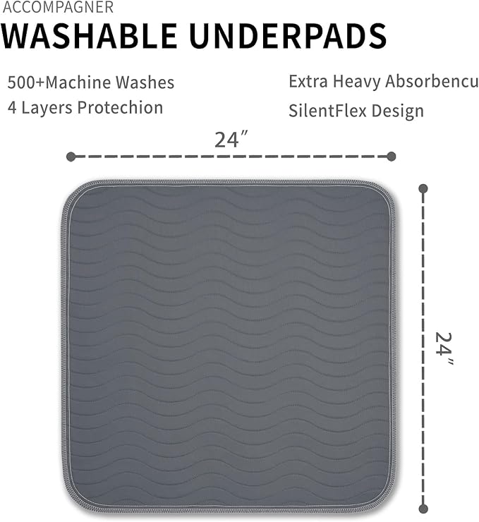 Accompagner Waterproof Reusable for Adults and Pets Washable Pee Pads for Dogs Changing Pad Large Dog Bed Size Adults Incontinence Bed Pads - Non-Slip Leak-Proof (Dark Gray, 24"x24"(Pack of 4))