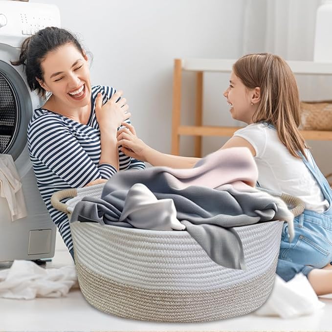 Large Cotton Rope Storage Basket with Handles, Hamper, Laundry Basket, 20 "L x 14" W x 12 "H, Home Decor for Storage Blanket &Toy, etc .(White & Light Khaki)