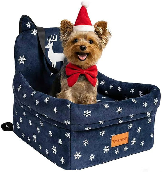 CABZOON Christmas Dog Car Seat for Small/Medium Dogs Up to 35lbs,Elevated Cushion Fits in Front/Back Seat,Travel Safety Per Car Bed with Washable Removable Cover, Storage 2 Pockets Christmas Elk