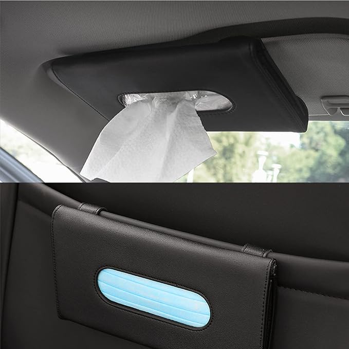 Car Tissue Holder, 2 Pack Sun Visor Napkin Holder, Premium PU Leather, Car Mask Holder for Sun Visor Vehicle, with Tissue Refill, Black&Beige