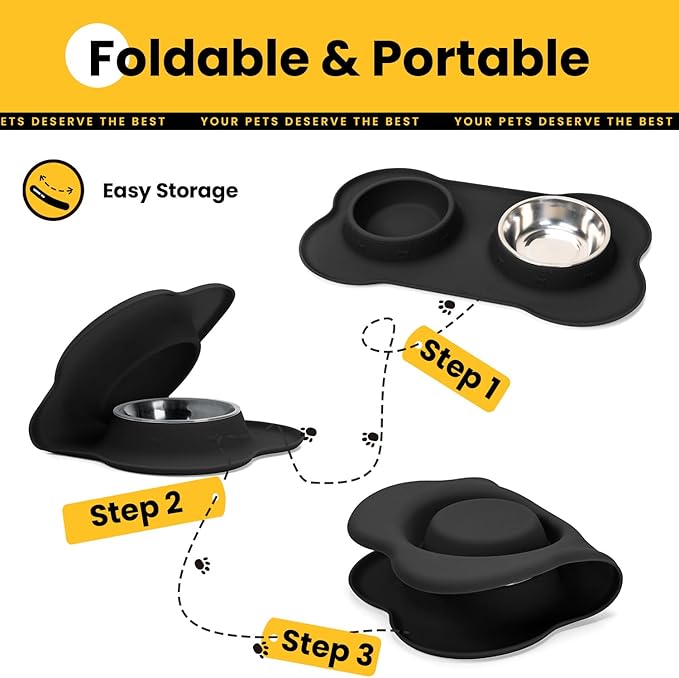 Dog Bowls with Silicone Feeding Mat, No Spill Food Water Dish Set, Dishwasher Safe, 2 Stainless Steel Puppy Bowls, Suitable for Tiny Dogs Kittens Cats Rabbits Pets under 8lbs, Extra Small,Black