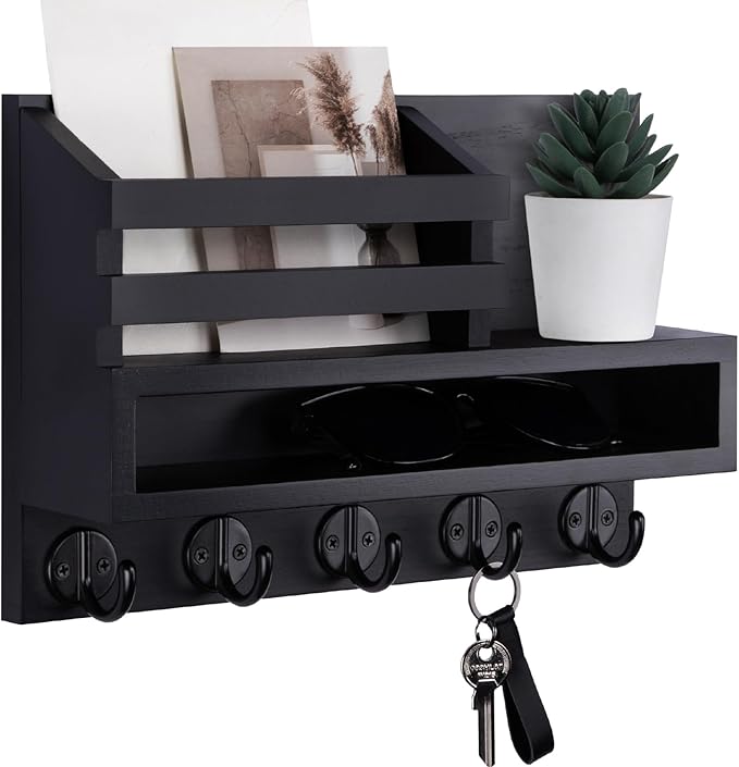 Lucundm Key and Mail Holder Wall Mount, Key Hanger with Long Storage Box and 5 Hooks for Coat, Dog Leash, Home Decor Rack, House Accessories, Entry Way Organizer 11.8”W x 7.8”H x 3.2”D