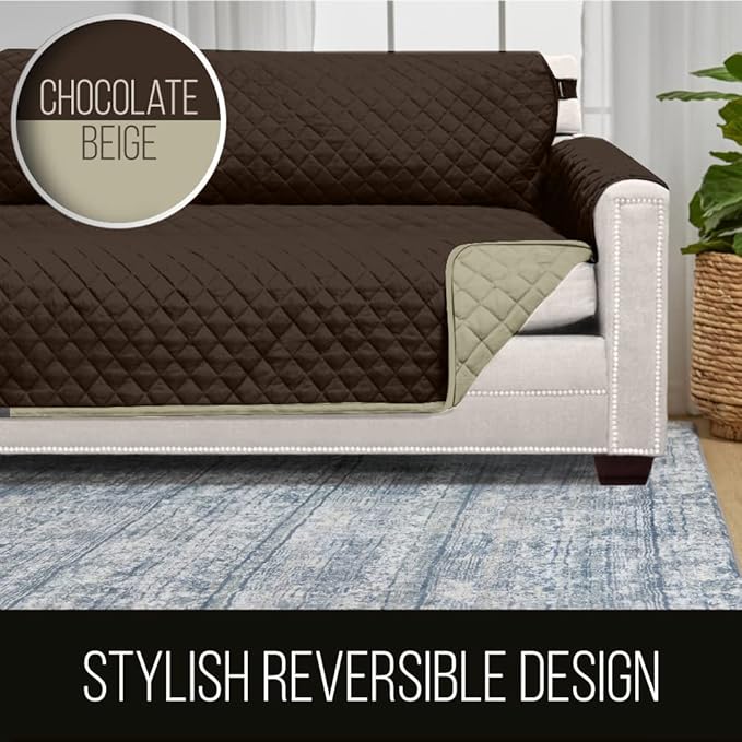 Sofa Shield Couch Slip Cover with Patented Strap, Cushion Protector, US Designed Reversible Stain and Dog Tear Resistant Slipcover, 70 inch Seat, Washable Covers for Dogs Pets, Chocolate Beige