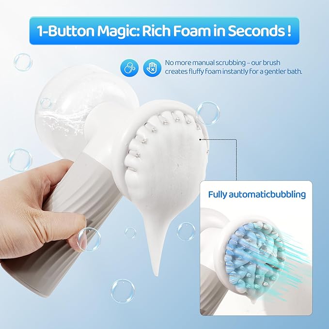 Furgo Dog Bath Brush with Automatic Shampoo & Foam Dispenser, Soft Silicone Massage Brush for Deep Cleansing, Nourishing & Grooming, Rechargeable Cat Foam Sprayer for All Hair Types Pets