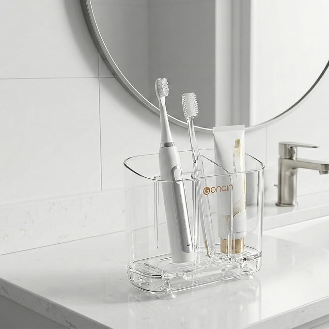 Acrylic Electric Toothbrush Holder with Detachable Base, 2 Slots Wall-Mounted Bathroom Storage Caddy, Clear Makeup Brush Organizer with Removable Divider for Toothpaste, Razors, Kitchen & Office Desk