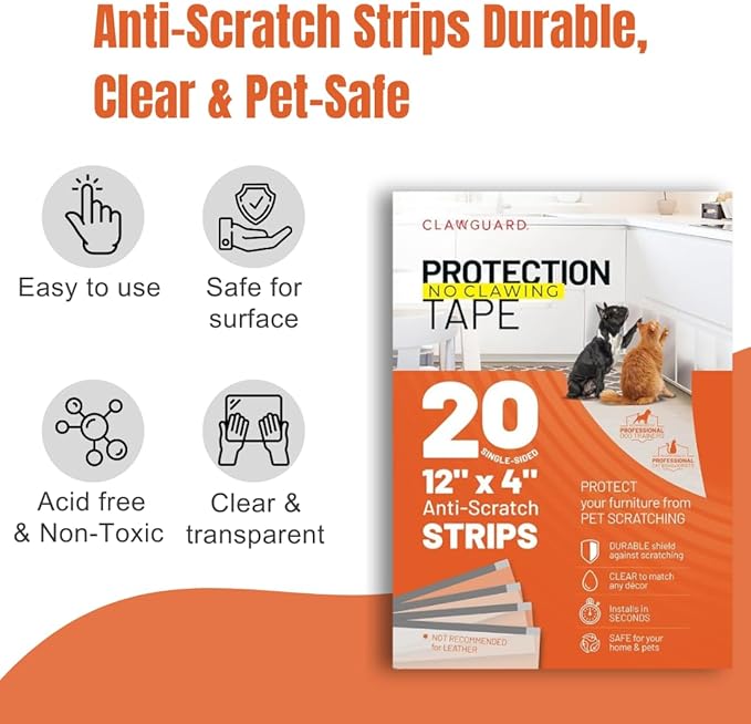 CLAWGUARD Protection Tape Strips – 20 Pre-Cut 12x4 in Scratch Barriers – Door Scratch Protector Dog & Cat – Couch Protector from Cat Claws