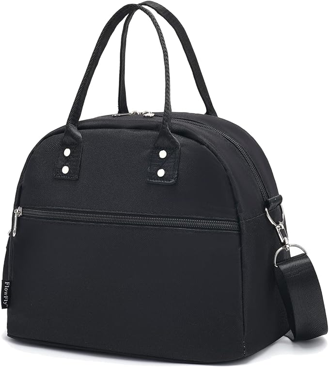 FlowFly Insulated Lunch Bag With Shoulder Strap for Women, Men, and Kids, Large and Reusable, Handle, Freezable Work and School Travel Tote and Meal Prep Organizer (Black)