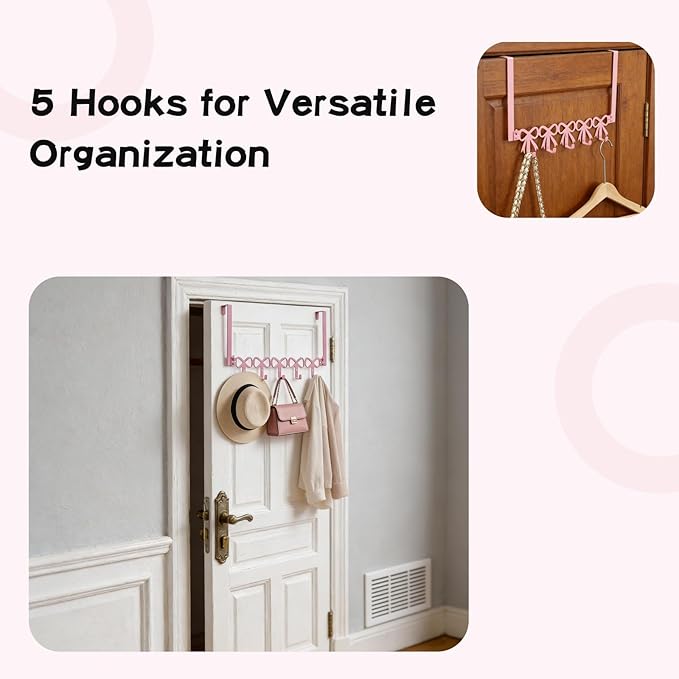 Over The Door Hooks, Bow Room Decor, Pink Bowknot Over The Door Hooks with 5 Hooks, for Bags, Towels, Hats, Keychains, Coats, Home Organizer