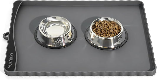 Dog Food Mat 20" x 15", Waterproof Silicone Pet Feeding Mat with Raised Edge & Residue Pocket, Non-Slip Bowl Mat for Dog Cat Food and Water, Easy to Clean Floor Protector