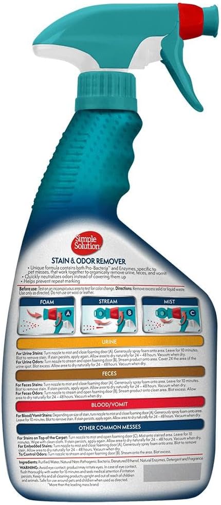 Simple Solution Stain & Odor Eliminator for Pets, Carpet Deodorizer, Enzyme Pet Odor Eliminator for Home, Stain Remover for Cat & Dog Pee, Urine Destroyer, Carpet Cleaner Spray, Fresh Floral,32 oz