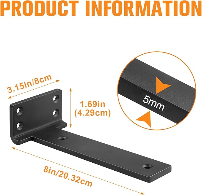 Floating Shelf Brackets 8 inch 10 Pack L Brackets for Shelves Black Metal Heavy Duty Shelf Bracket for DIY Decorative with Mounting Hardware