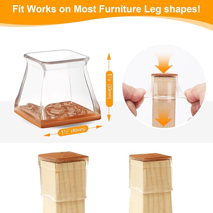 CHUNZEXI 24 Pack Square Chair Leg Floor Protectors for Hardwood Floors, Silicone Felt Covers Pads Caps, Protect Wood Furniture Feet Floors Noise Reduce and Scratch (Square Large & Clear)