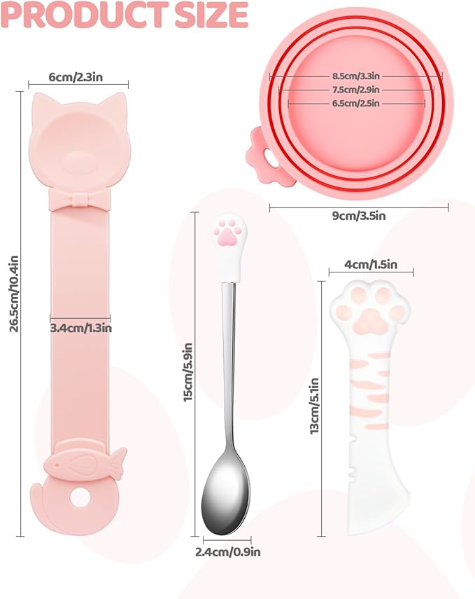 Aecsze 5 PCS Cat Food Can Covers Lids Set, Silicone Pet Food Can Lids with Multi-Function Cat Food Spoon and Opener, Cat Bar Squeezer, Stainless Steel Wet Food Spoon for Cats and Dogs (Pink)