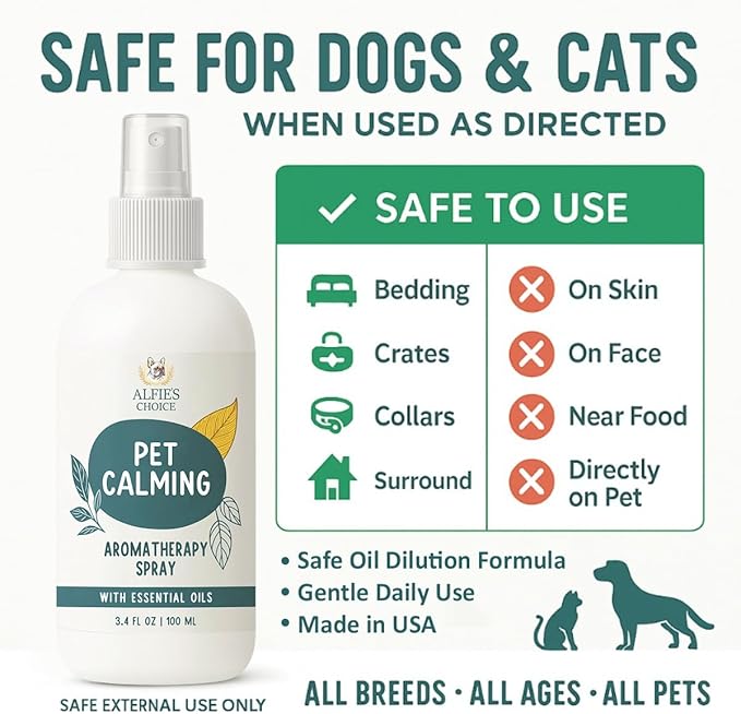 ALFIE'S CHOICE Pet Calming Aromatherapy Spray - Cat Calming Spray for Indoor Use & Travel - Dog Relaxation Mist with Essential Oils - Natural Scent for Grooming, Loud Noises - 3.4 fl oz