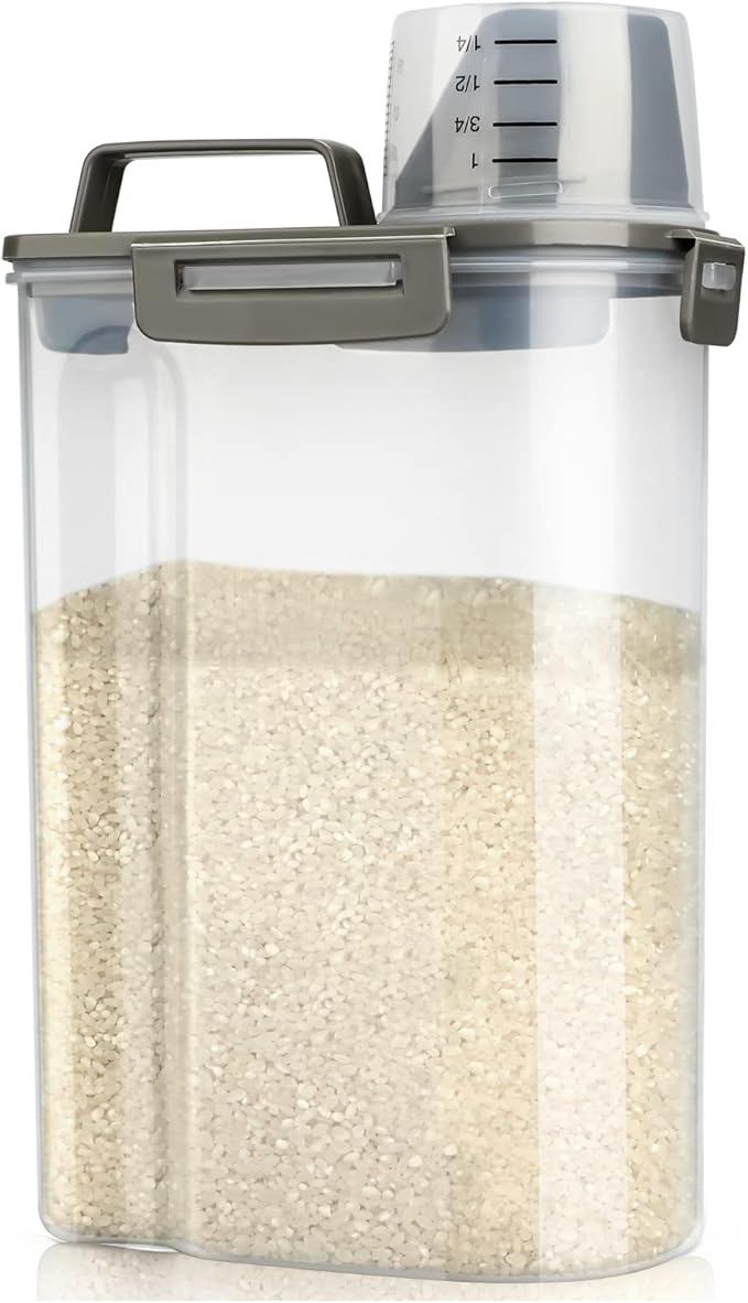 Viretec Rice Airtight Storage Container, 3 to 5Lbs Cereal Dry Food Flour Bin, Pet Dog Cat Food Dispenser with Measuring Cup, BPA Free Clear Plastic Kitchen and Pantry Organization Bin for Sugar