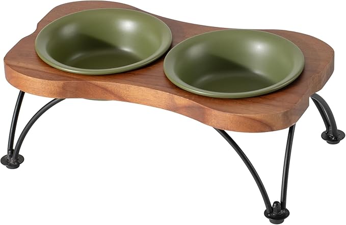 Ceramic 5.5-inch Raised Double-Bowl Set with Non-Slip Stand, 1 Cup Food or 9.5oz Water Dishes for Puppies and Cats, Wide Opening with Rounded Edges(Olive Green)