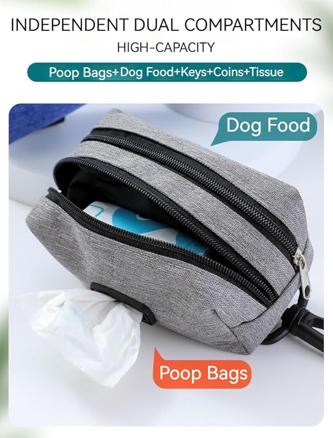 Dog Poop Bag Holder, Poop Bag Holder and Dog Treat Pouch with 2 Zipper Pockets, Large-Capacity Poop Bag Holders for Leashes, Wear-Resistant Fabric, Good Ideal for Walking Dogs