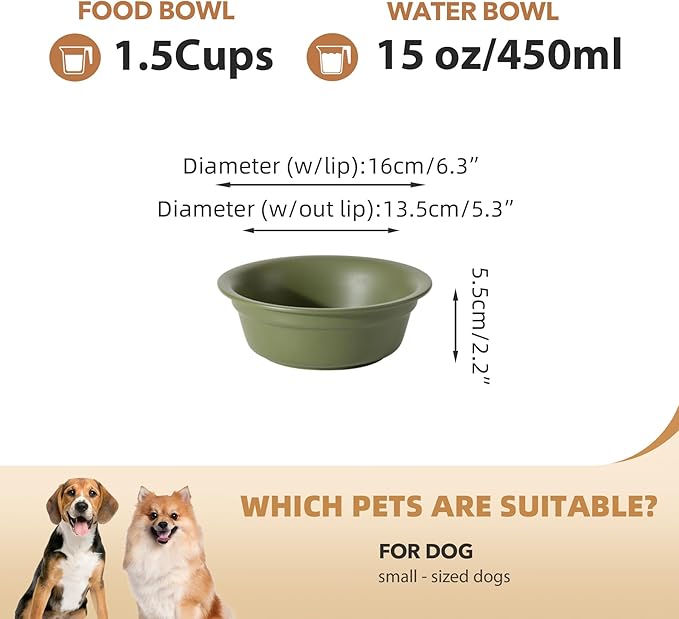 Ceramic 6.3inch Set of 2 Dog Bowls, 2pcs Basic 1.5 Cup Food or 15 oz Water Dishes for Small Dogs, Wide Opening Rounded Edge (2 Bowls, Olive Green)